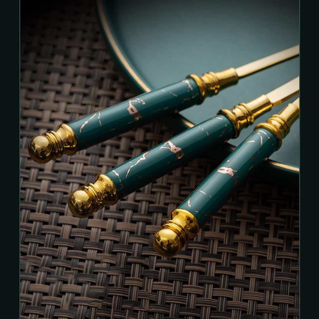 Lot De 6 Cuillères de Table doré poignée en Marbre Vert