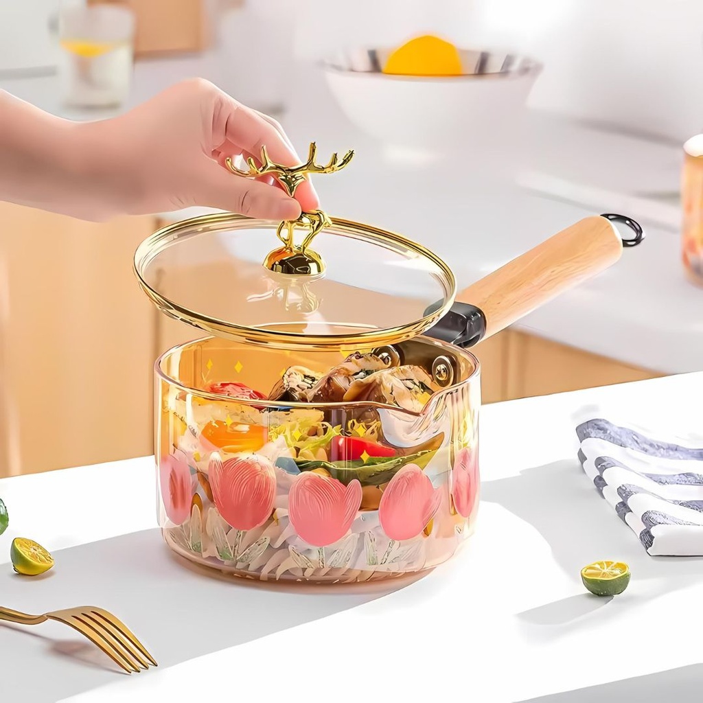 Casserole en Verre avec Couvercle Doré avec Fleur