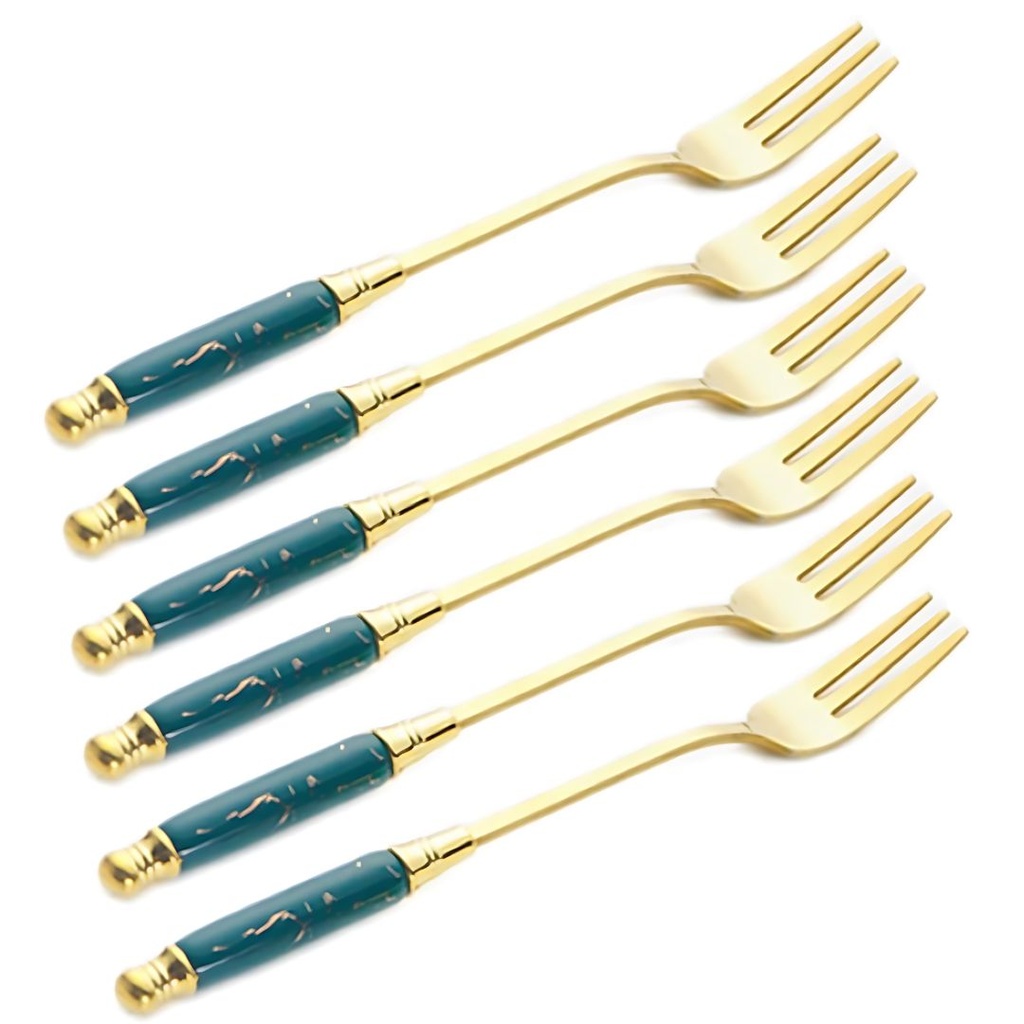 Lot De 6 Petit Fourchettes doré poignée en Marbre Vert