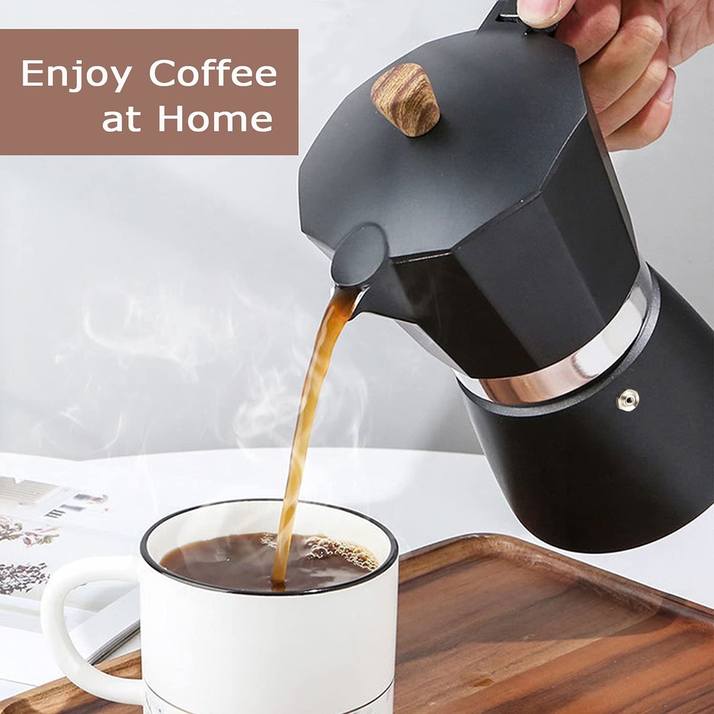 Cafétiere italienne Moka En Aluminuim 3 Tasses Noir avec poignée effet Bois 