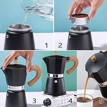 Cafétiere italienne Moka En Aluminuim 3 Tasses Noir avec poignée effet Bois 
