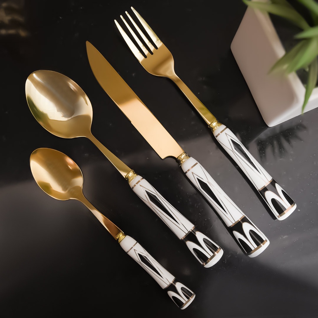 Coffret Ménagère Blanc 24 Pièces avec Support doré poignée en Marbre M4