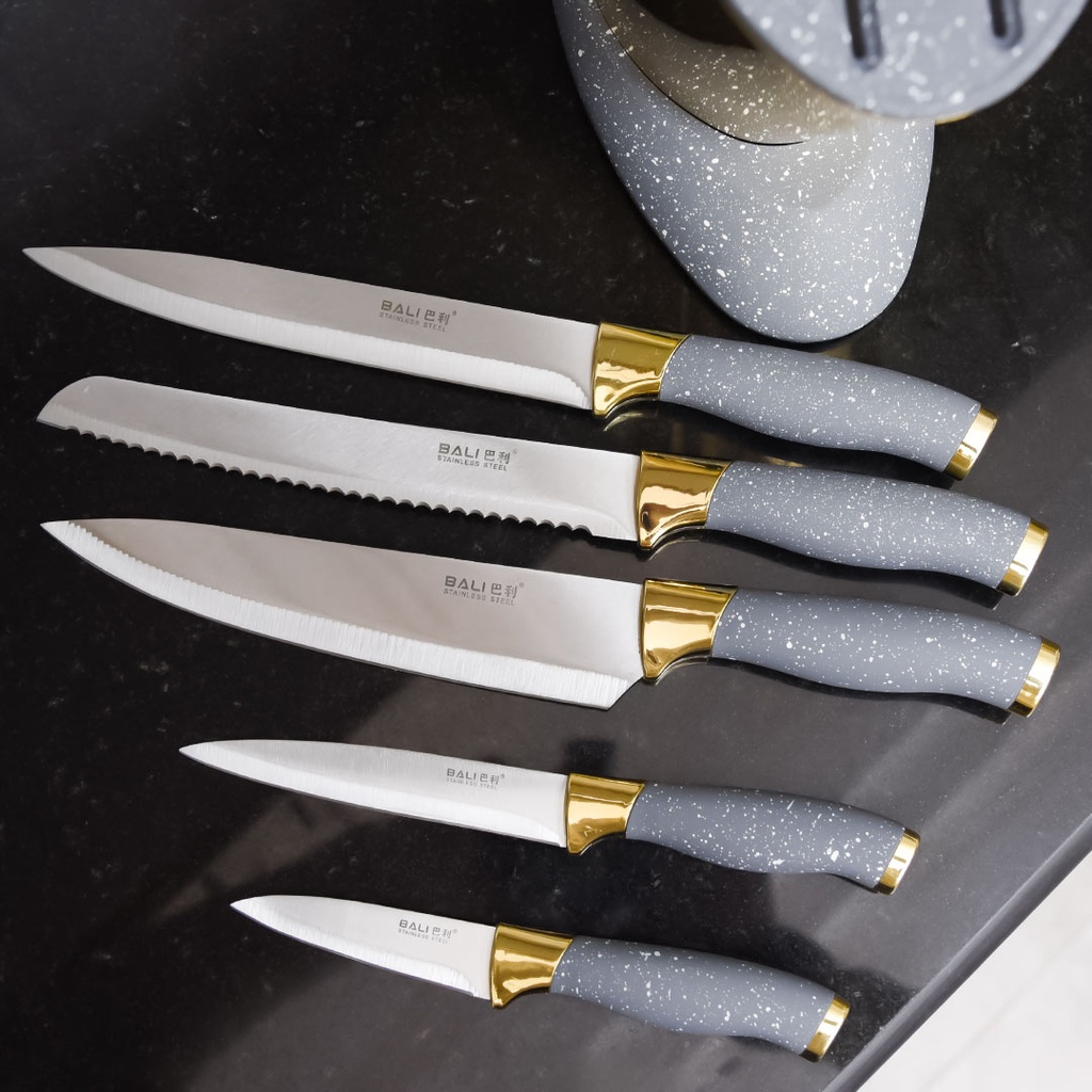 Ensemble 6 Pièces Couteaux avec Support Gris