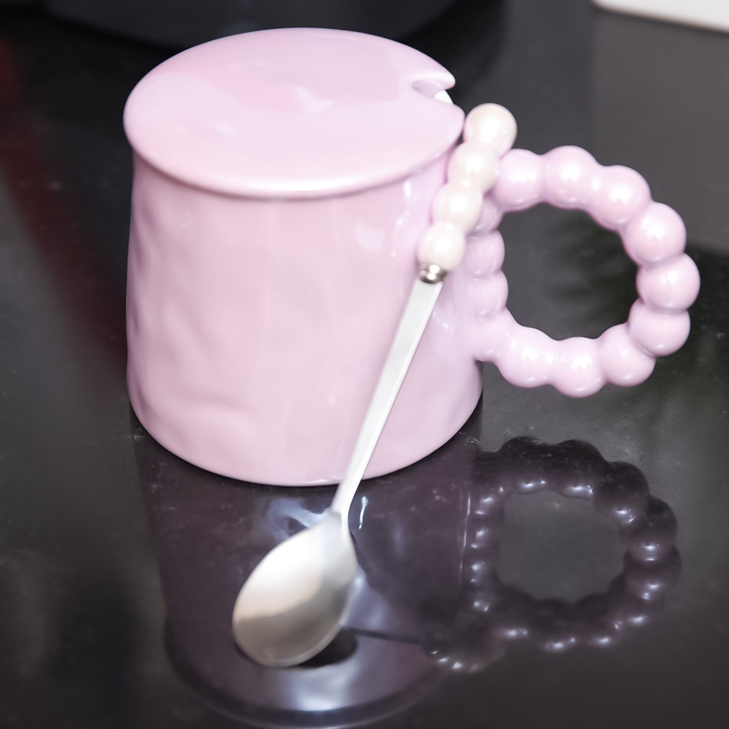 Mug En Céramique Rose avec Couvercle et Cuillère