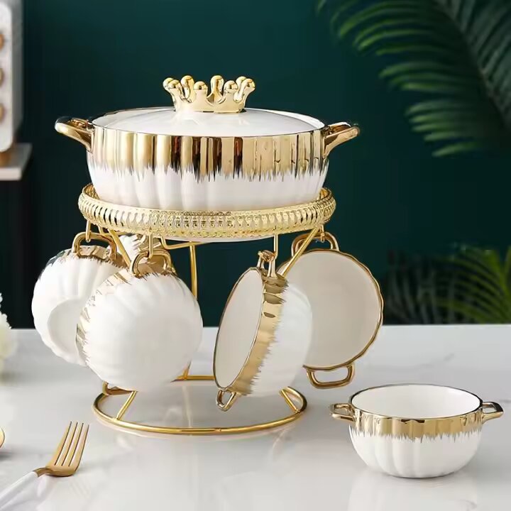 Service À Soupe Blanc & Doré 9 Pièces En Céramique