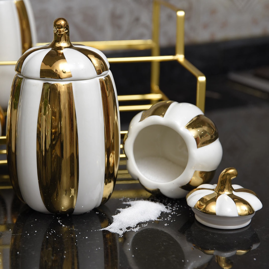 Ensemble de 7 Porte Epices Blanc & Doré en Céramique avec Support Doré