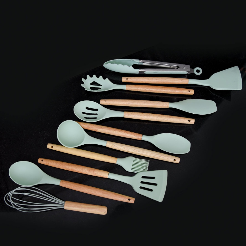 Set D'ustensiles De Cuisine 19 Pièces En Silicone - Vert d'eau
