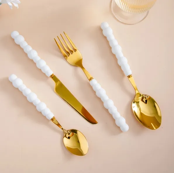 Coffret Ménagère Blanc 24 Pièces Manche en Perles Blanc 