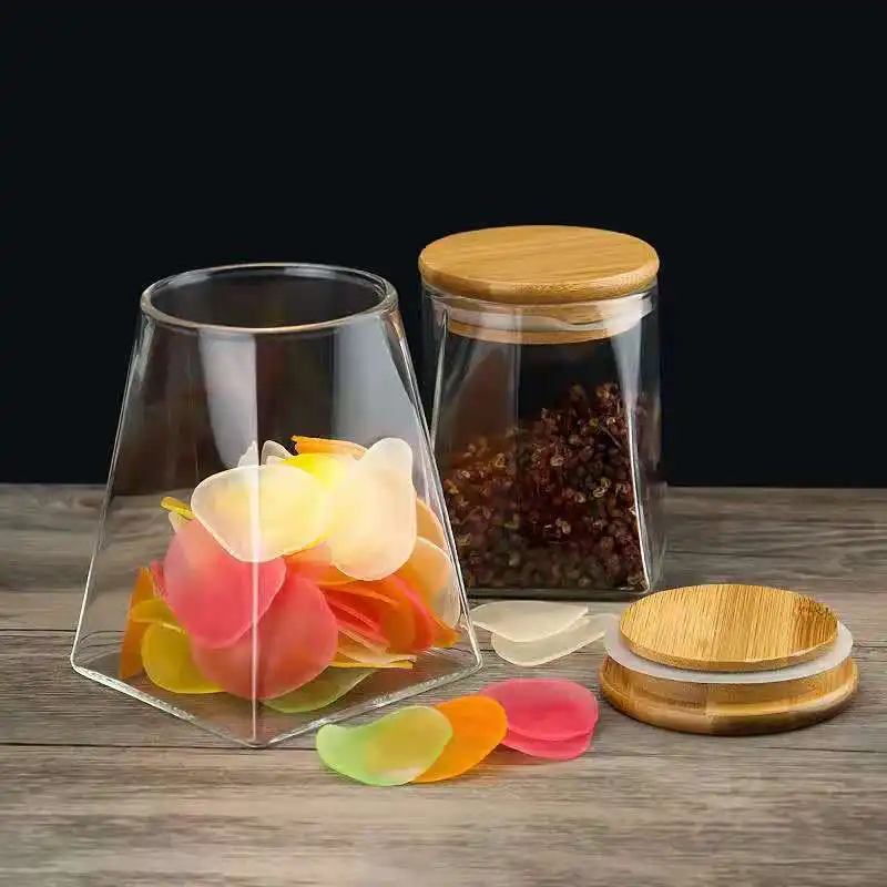 Lot de 4 Boite En verre avec Couvercle en Bois Bambou