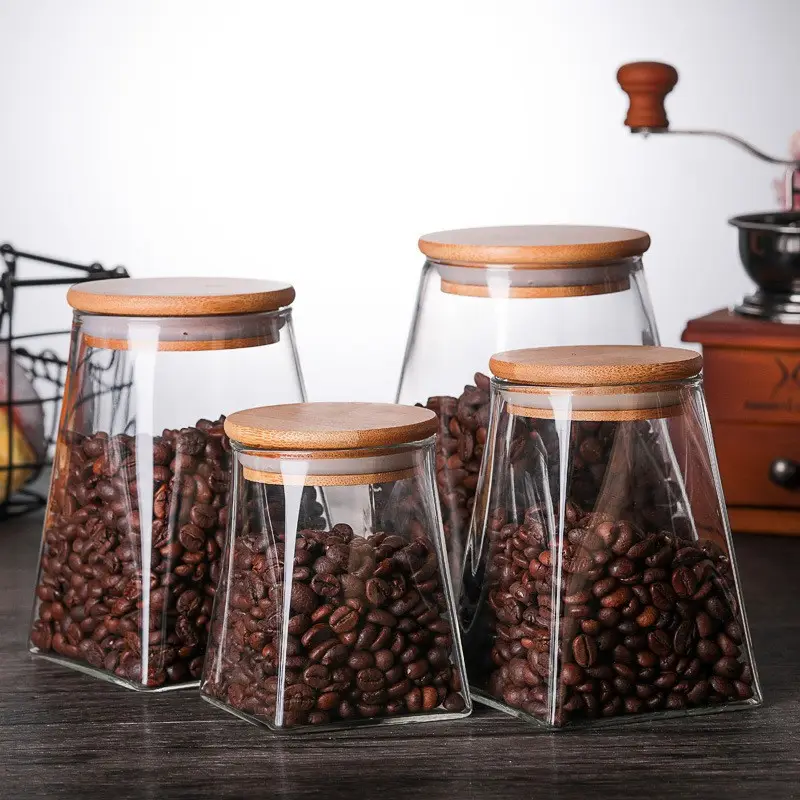 Lot de 4 Boite En verre avec Couvercle en Bois Bambou
