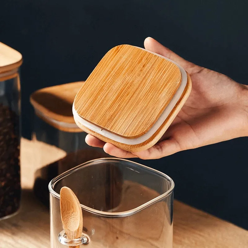 Lot de 3 Boite En verre avec Couvercle en Bois Bambou