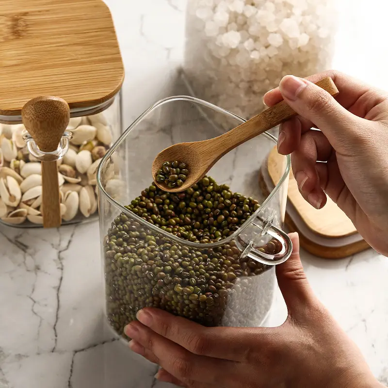 Lot de 3 Boite En verre avec Couvercle en Bois Bambou