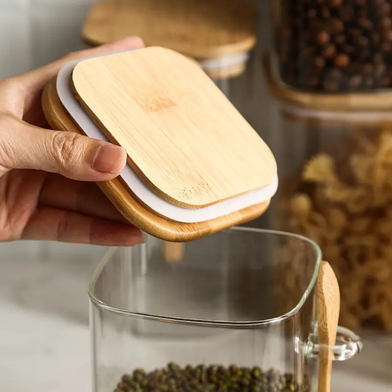 Lot de 3 Boite En verre avec Couvercle en Bois Bambou