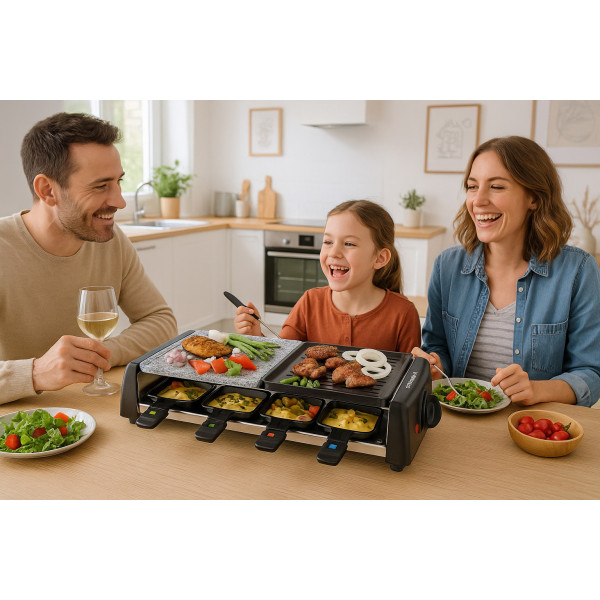 Grill Techwood 8 Raclettes & Pierre, Thermostat Réglable & Double Protection – TRGP-896