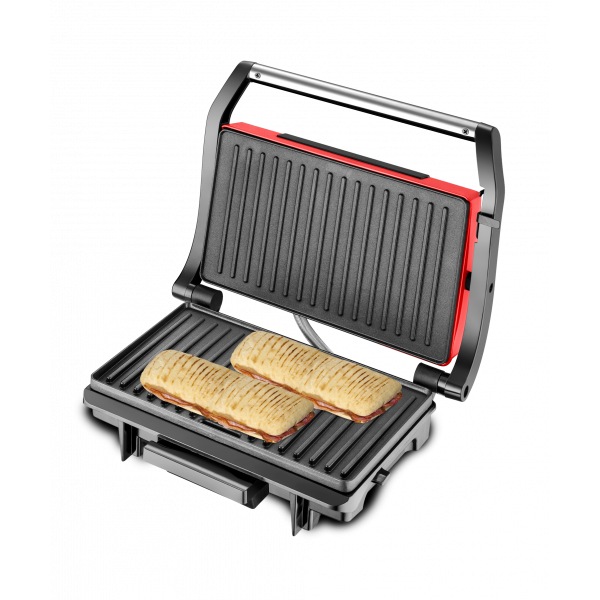 Panini Grill Techwood Inox Rouge 1500W, Contrôle Température & Cuisson Double Face – TGD-015
