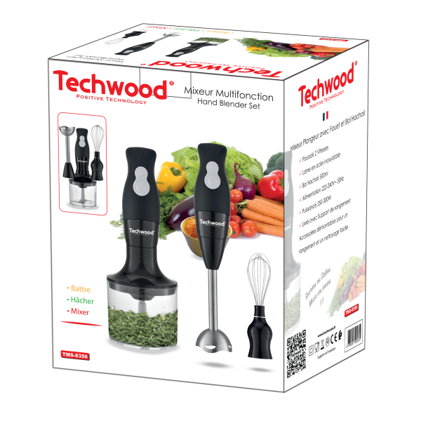 Mixeur Plongeant Techwood Noir 3en1 Pied Inox, Bol Hachoir 500ml & 2 Vitesses – TMS-8356