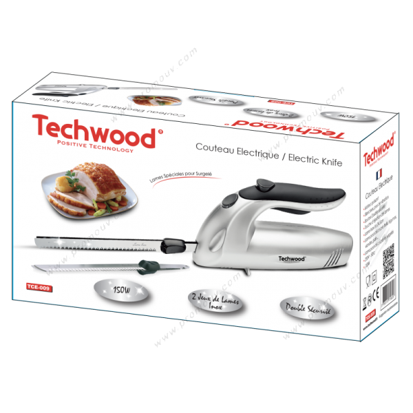 Couteau Électrique Techwood Lame Inox 24,5cm, Moteur Silencieux & Double Sécurité – TCE-009