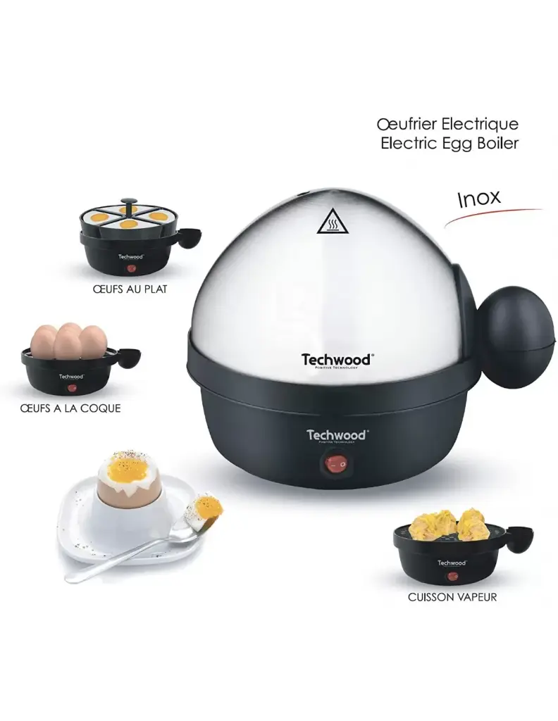 Cuit Œufs Techwood 3 en 1 Inox/Noir 7 Œufs, Cuisson Vapeur & Œufs au Plat, Arrêt Automatique – TO-007