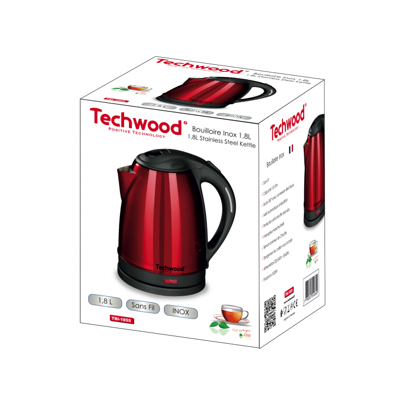 Bouilloire Techwood Inox Grenat 1,8L Sans Fil, Socle 360°, Arrêt Automatique & Sécurité Anti-Ébullition – TBI-1855