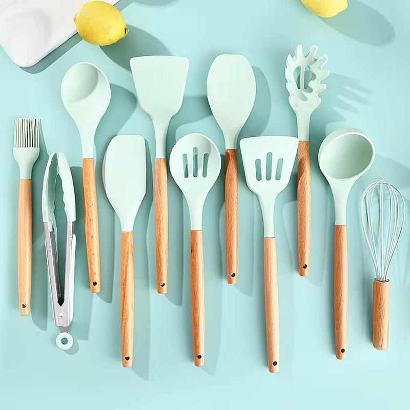 Set D'ustensiles De Cuisine 12 Pièces En Silicone Vert D'eau 