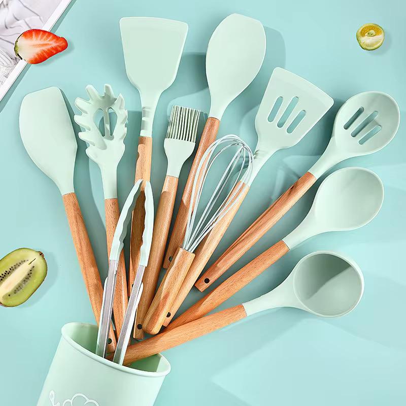 Set D'ustensiles De Cuisine 12 Pièces En Silicone Vert D'eau 