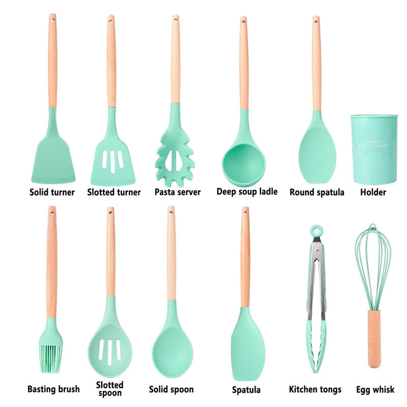 Set D'ustensiles De Cuisine 12 Pièces En Silicone Vert D'eau 