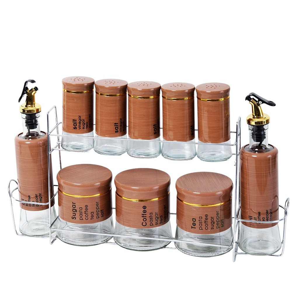 Set Portes Épices 11 Pièces En Verre Avec Support - Effet Bois Marron