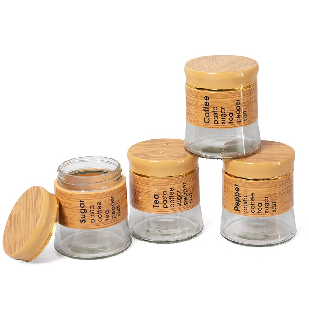 Set Portes Épices 13 Pièces En Verre Avec Support Effet Bois