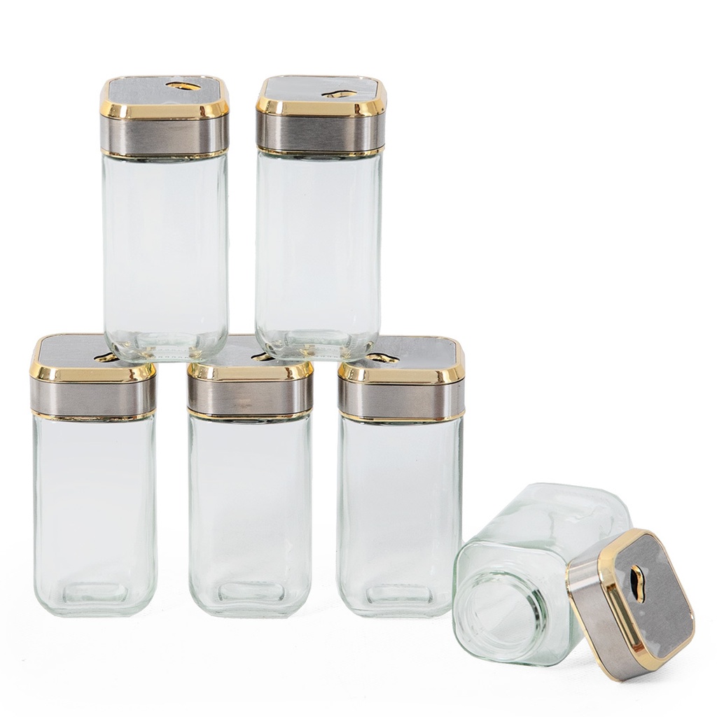 Set Portes Épices 6 Pièces En Verre Avec Support Tournante Argent