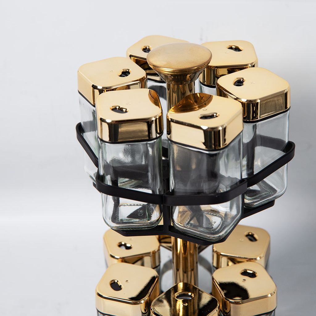 Set Portes Épices 12 Pièces En Verre Avec Support Tournante Doré