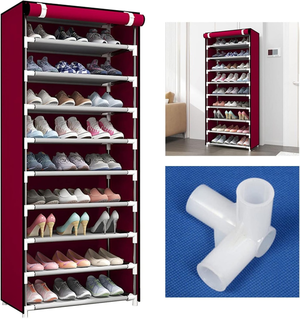 Armoire Chaussures Mobile à 8 niveaux - Rouge- 58x30x158 
