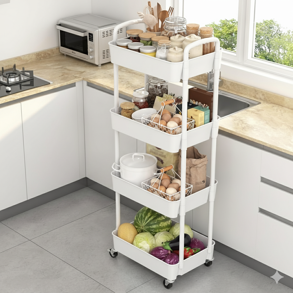 Chariot de Rangement De Cuisine Mobile à 4 Niveaux - Blanc
