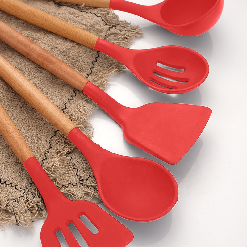 Set D'ustensiles De Cuisine 12 Pièces En Silicone Rouge