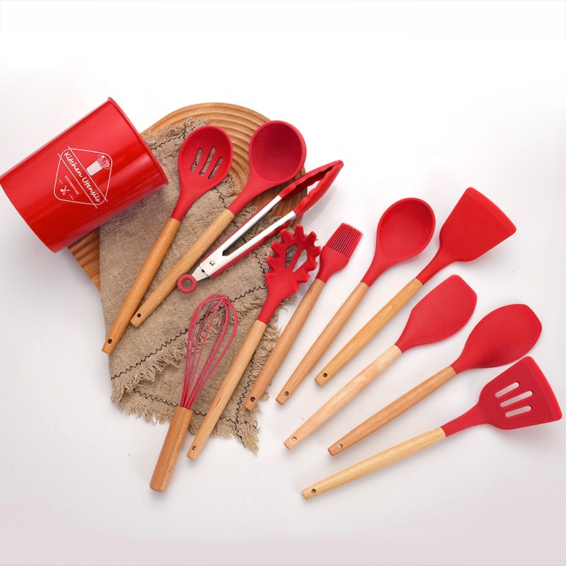 Set D'ustensiles De Cuisine 12 Pièces En Silicone Rouge