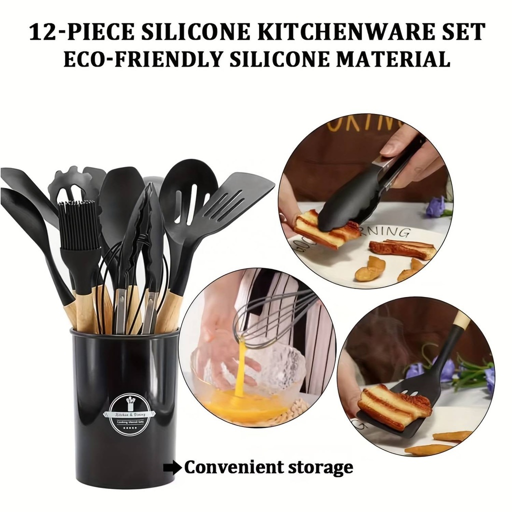 Set D'ustensiles De Cuisine 12 Pièces En Silicone Noir