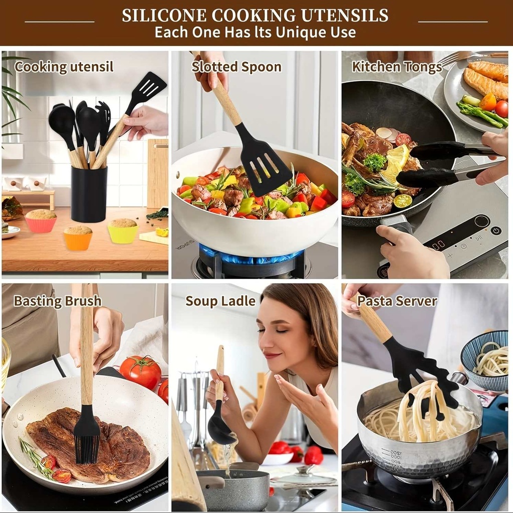 Set D'ustensiles De Cuisine 12 Pièces En Silicone Noir