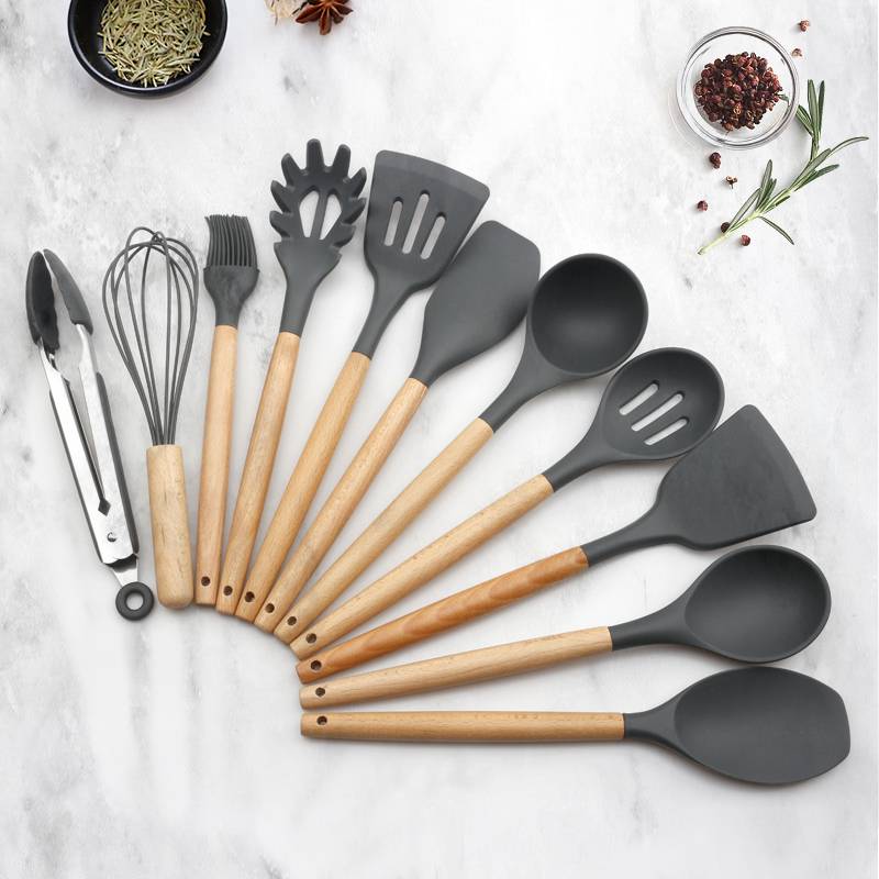 Set D'ustensiles De Cuisine 12 Pièces En Silicone Gris