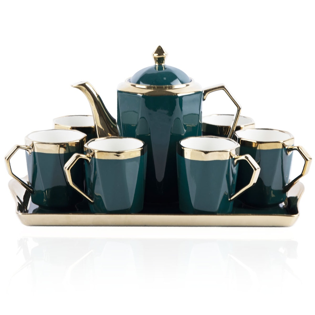 Service à Café Au Lait En Céramique Vert olive Pour 6 Personnes - 9 Pièces