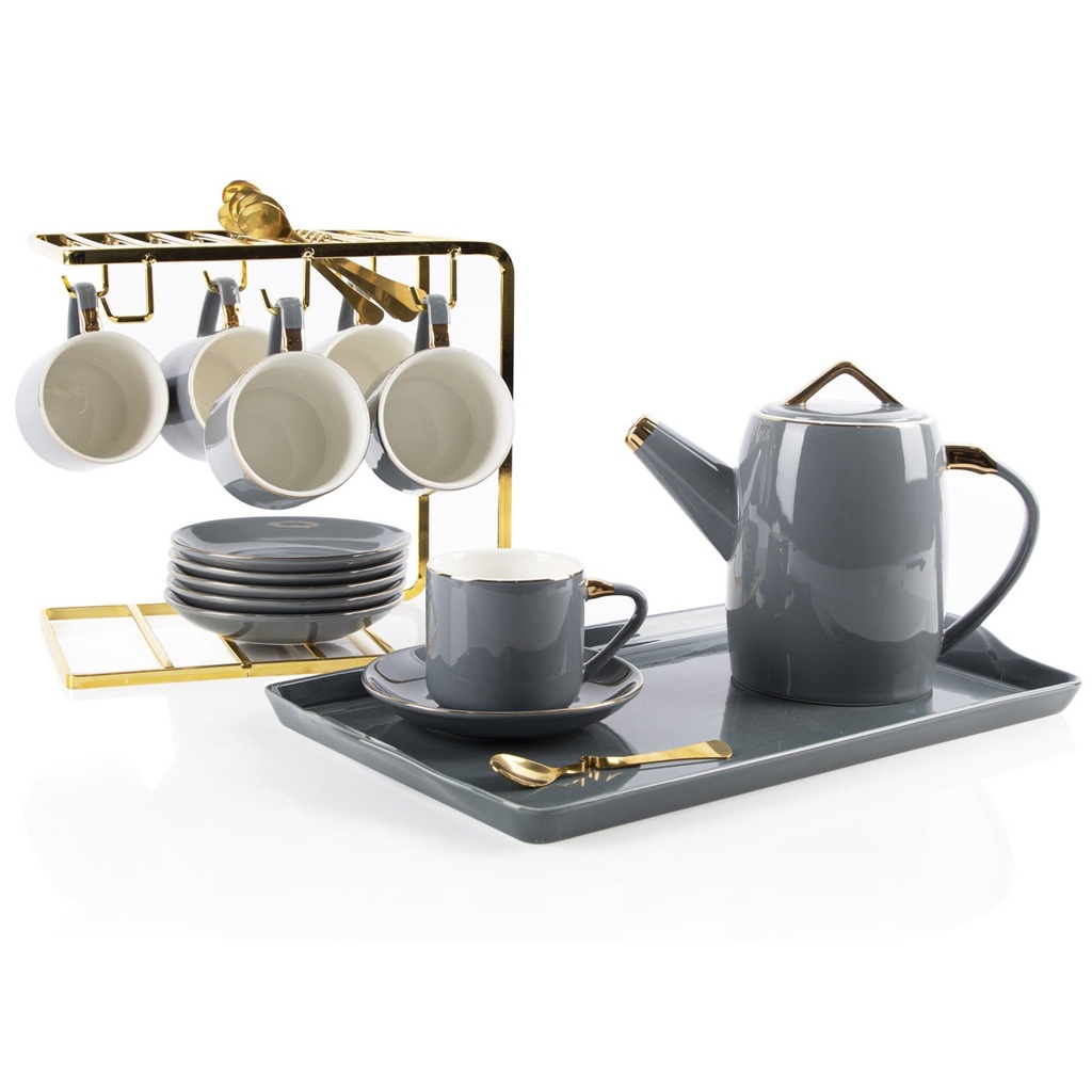 [SGM012] Service à Café Au Lait En Céramique Gris Pour 6 Personnes - 22 Pièces