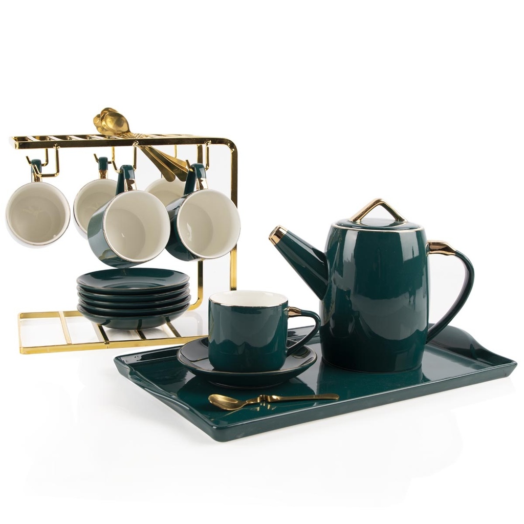 Service à Café Au Lait En Céramique Vert olive Pour 6 Personnes - 22 Pièces