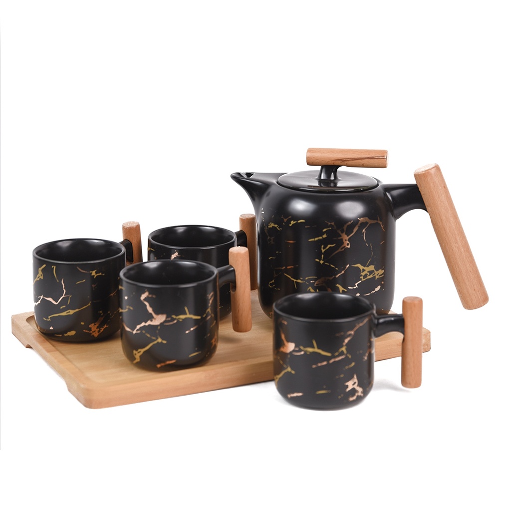 [SGM018] Service à Café Au Lait En Céramique Noir Marbre Pour 4 Personnes - 7 Pièces