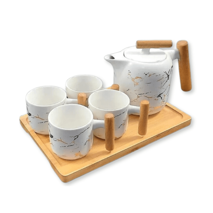 [SGM019] Service à Café Au Lait En Céramique Blanc Marbre Pour 4 Personnes - 7 Pièces