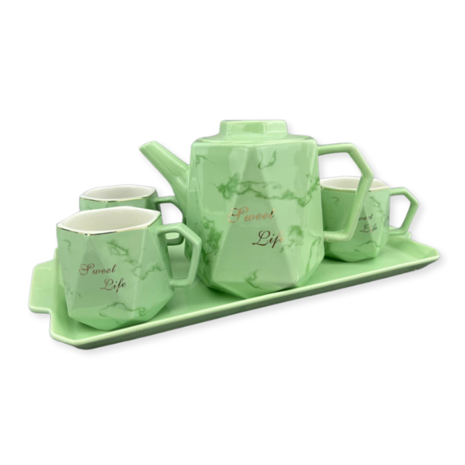 [SGM020] Service à Café Au Lait En Céramique Vert Marbre Pour 4 Personnes - 7 Pièces