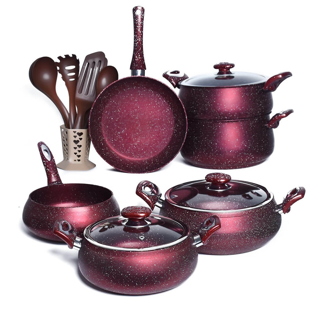 Batterie De Cuisine Queen 16 Pièces Granite Rouge