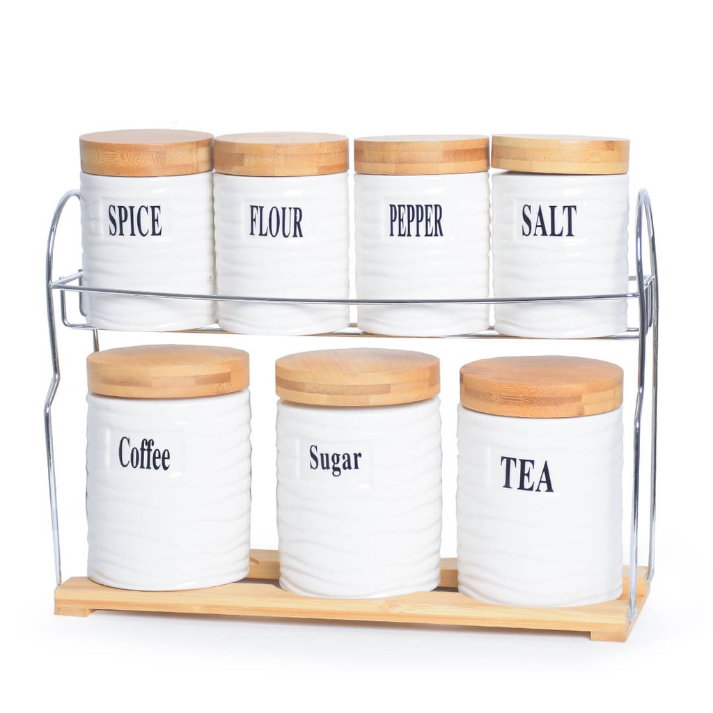 Ensemble de 7 pots à épices en céramique Blanc Avec Support