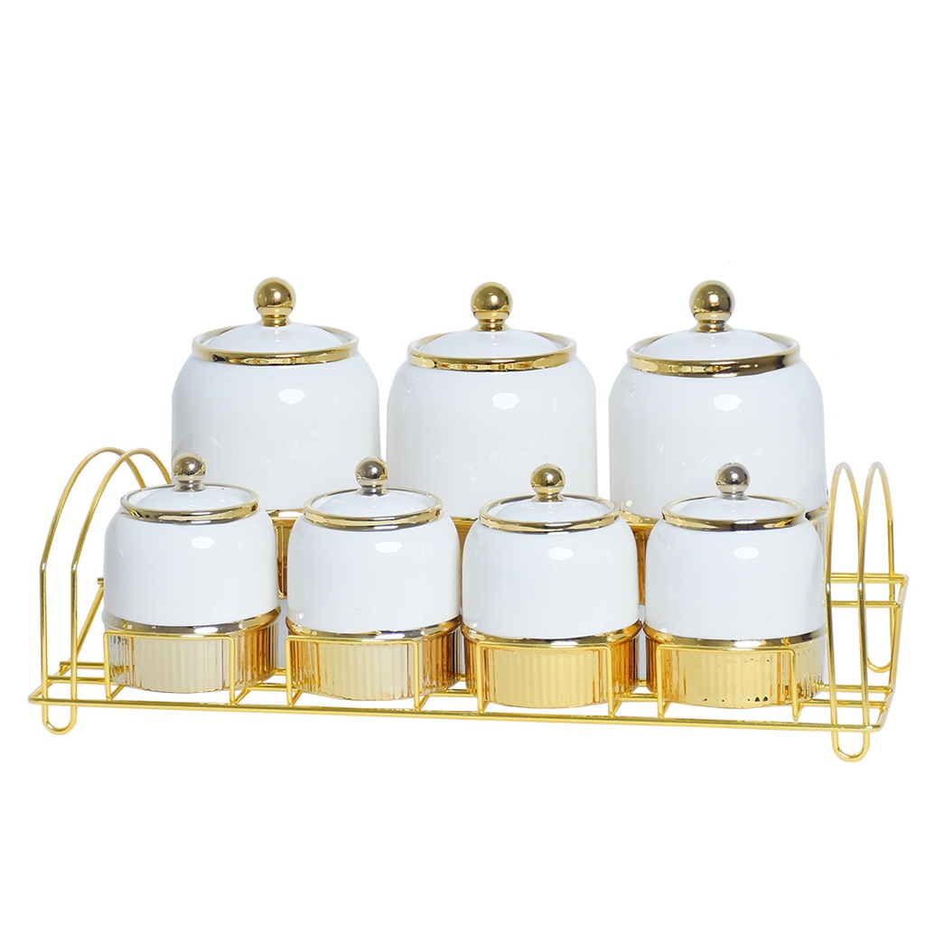 Ensemble de 7 pots à épices en céramique Blanc&Doré  Avec Support Doré 