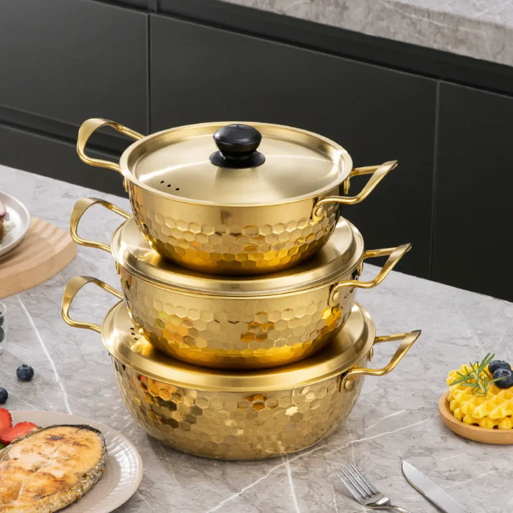 Lot de 3 Casseroles Avec Couvercles en Acier inoxydable- Doré