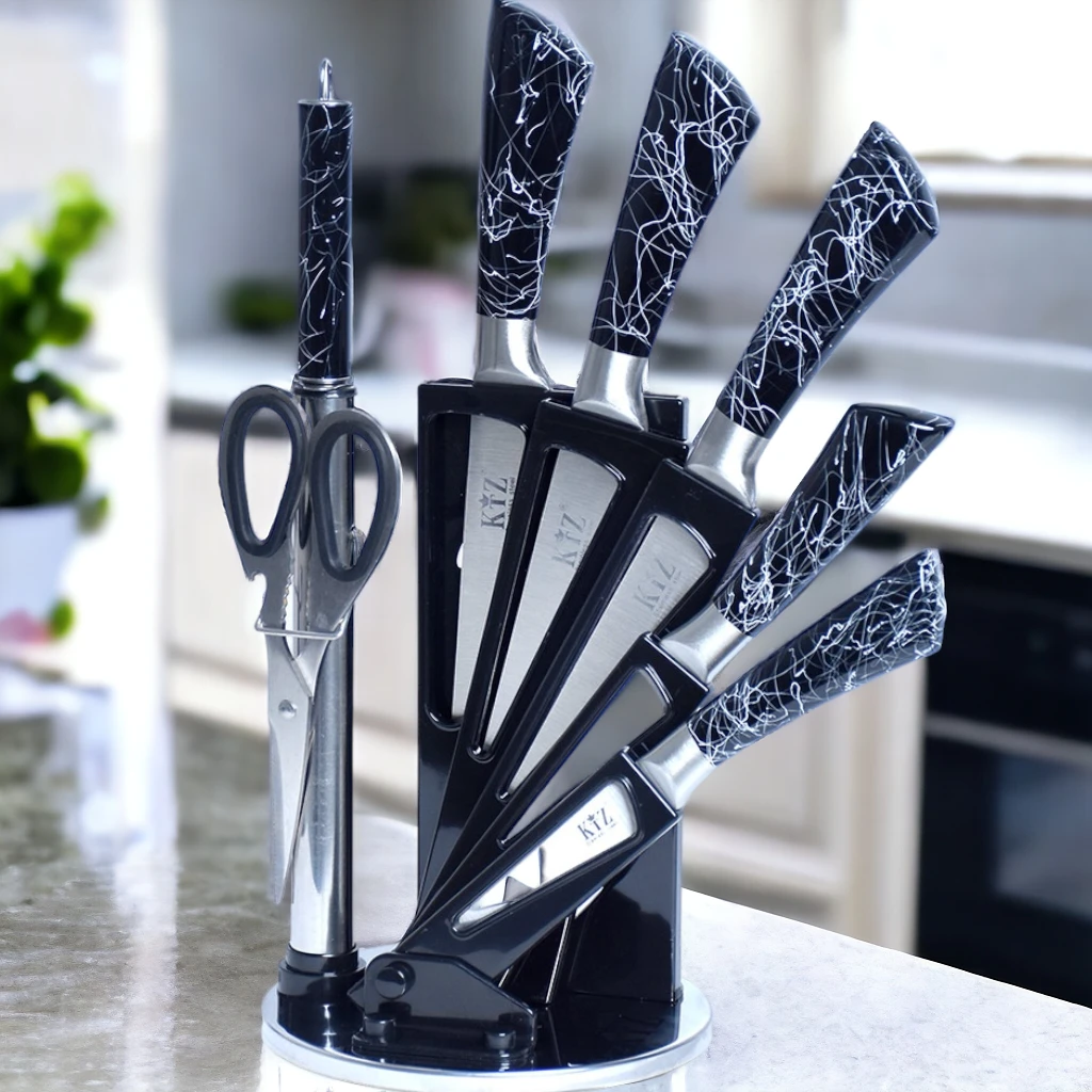 Ensemble 8 Pièces Couteaux De Cuisine avec Support Tournant en Noir Marbre