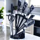 Ensemble 8 Pièces Couteaux De Cuisine avec Support Tournant en Noir Marbre
