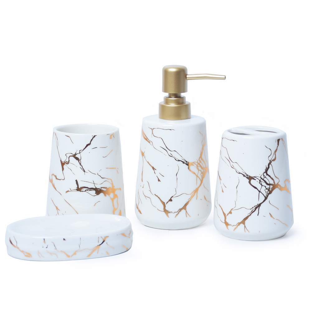Accessoires de salle de bain en céramique Blanc Motif Marbré Doré